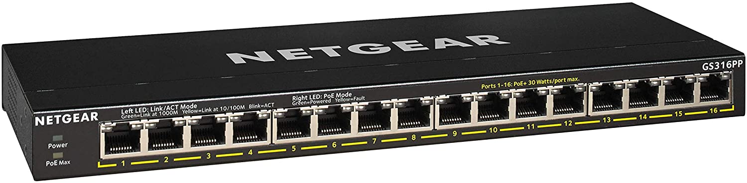 NETGEAR GS316P, 16-Port Gigabit POE 183W Unmanaged Switch