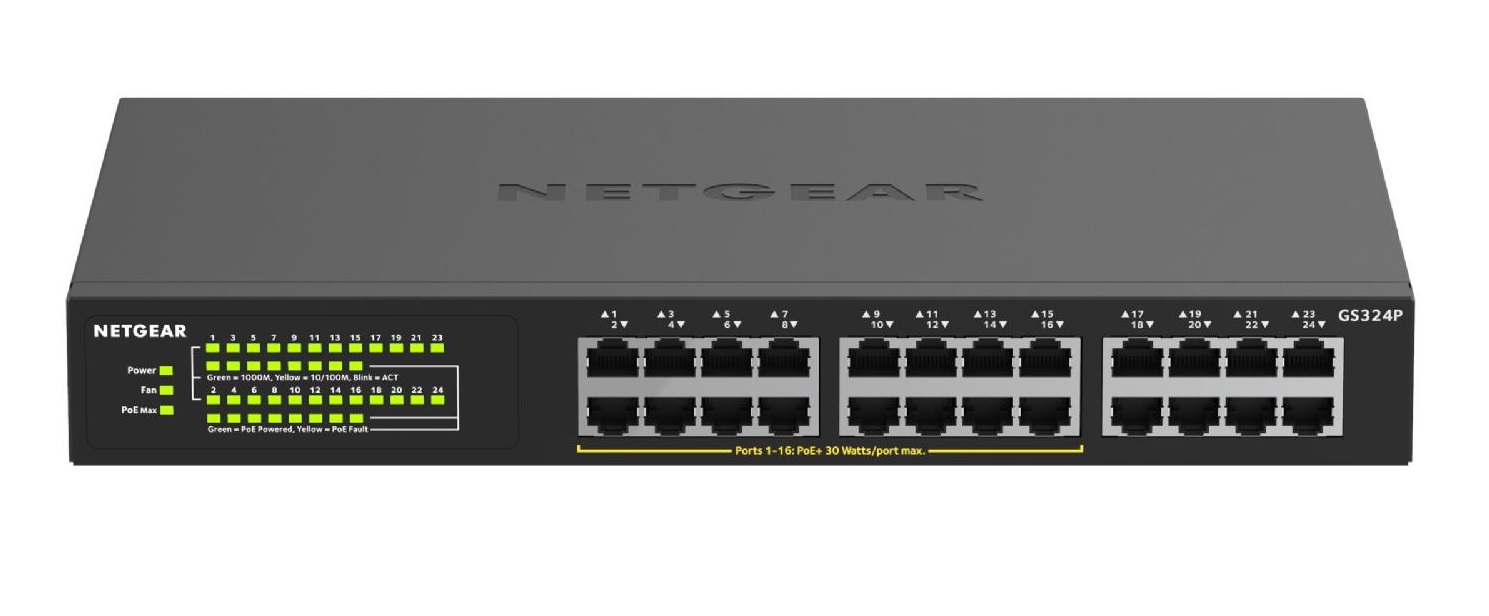 NETGEAR GS324P, 24 Port Gigabit with 16-Ports PoE+ 190W, Unmanaged Switch