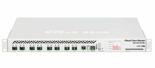 1U rackmount, 1x Gigabit Ethernet, 8xSFP+ cages, LCD, 72 cores x 1GHz CPU, 16GB RAM, up to 120 Mpps, 80Gbps throughput, RouterOS L6