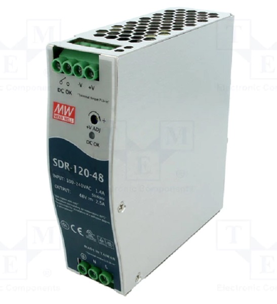 AC-DC Industrial DIN rail power supply; Output 48Vdc at 2.5A; Metal casing; Ultra slim width 40mm