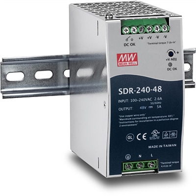 AC-DC Industrial DIN rail power supply; Output 48Vdc at 5A; Metal casing; Ultra slim width 63mm