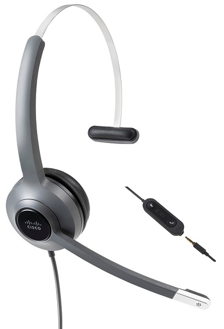 Cisco 521 wired single earpiece Headset with 3.5mm connector and USB-A Adapter