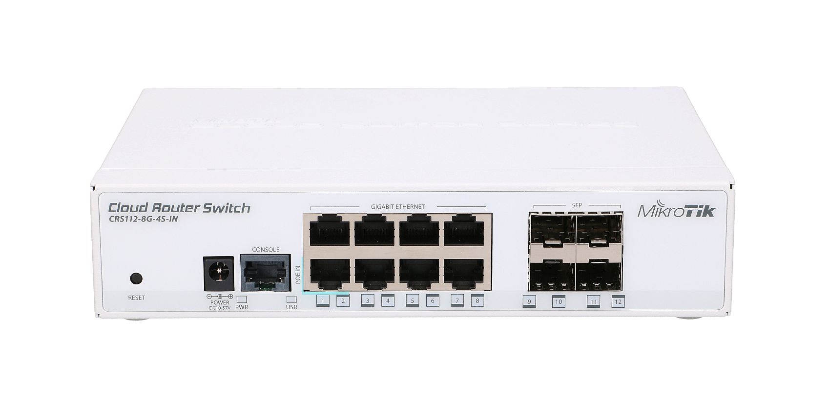 Mikrotik CRS112-8G-4S-IN 8x Gigabit Ethernet Smart Switch, 4x SFP cages, 400MHz CPU, 128MB RAM, desktop case, RouterOS L5