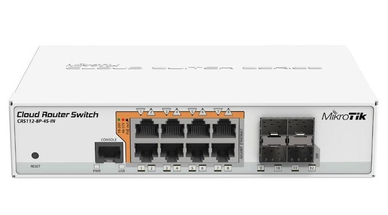 Mikrotik CRS112-8P-4S-IN 8x Gigabit Ethernet Smart Switch with PoE-out, 4x SFP cages, 400MHz CPU, 128MB RAM, desktop case, RouterOS L5