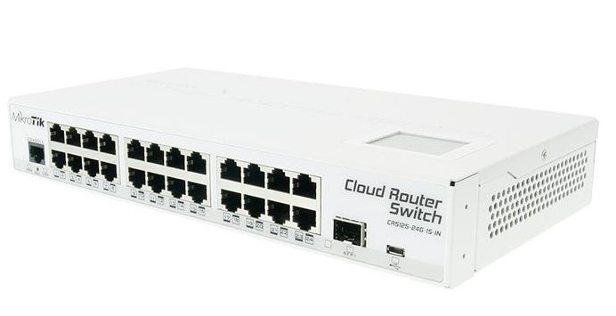 24x Gigabit Ethernet layer 3 Smart Switch, 1x SFP cage, LCD, 600MHz CPU, 128MB RAM, Metal desktop case, RouterOS L5