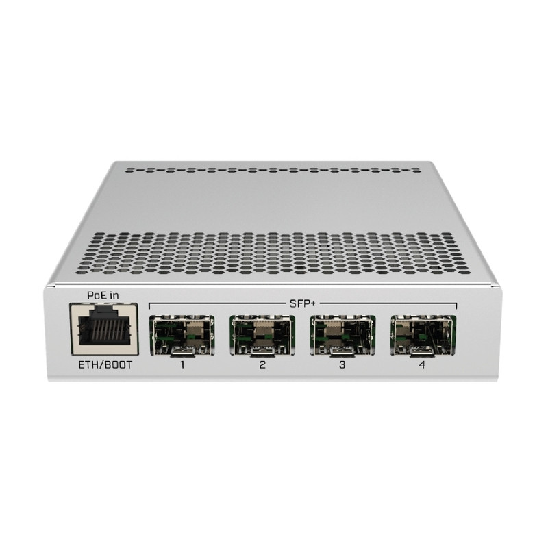 Five-port desktop switch with one Gigabit Ethernet port and four SFP+ 10Gbps ports