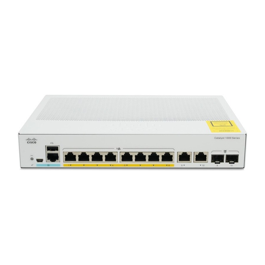 8x 10/100/1000 Ethernet PoE+ ports and 120W PoE budget, 2x 1G SFP and RJ-45 combo uplinks