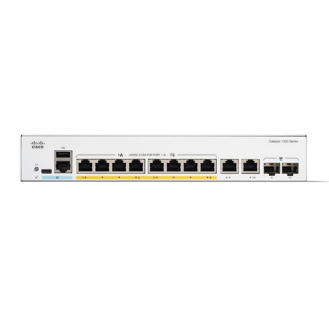 Cisco catalyst C1300-8FP, 8 ports gigabit POE+ 120W + 2 x 1G SFP and RJ-45 combo uplink ports switch