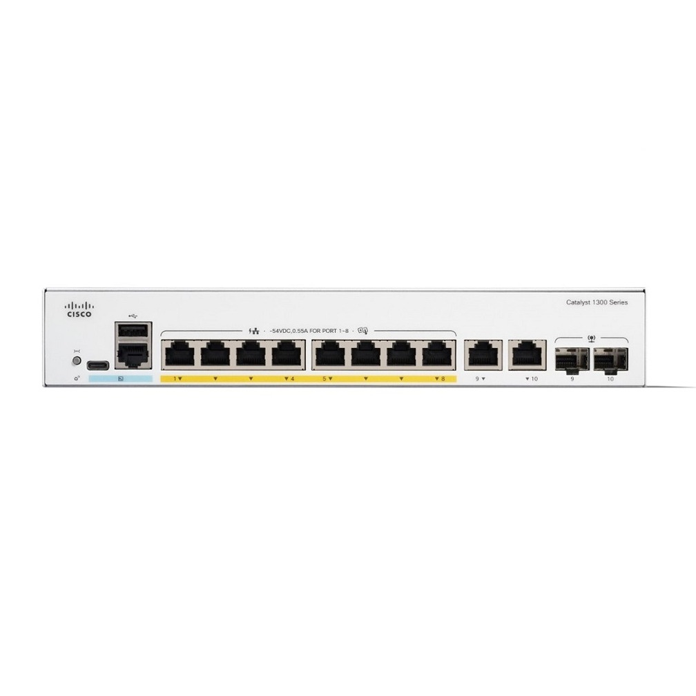 Cisco catalyst C1300-8P, 8 ports gigabit POE+ 60W + 2 x 1G SFP and RJ-45 combo uplink ports switch