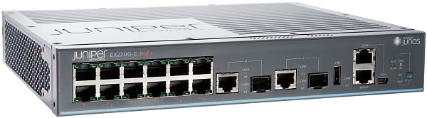 EX2200-C compact, fanless switch with 12-port 10/100/1000BaseT (12-ports PoE+) and 2 Dual-Purpose (10/100/1000BaseT or SFP)