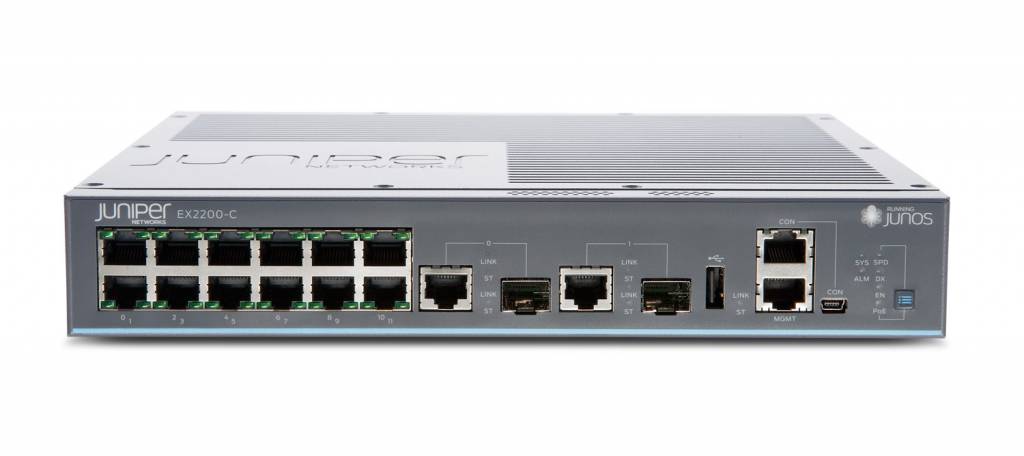 EX2200-C compact, fanless switch with 12-port 10/100/1000BaseT and 2 Dual-Purpose (10/100/1000BaseT or SFP)