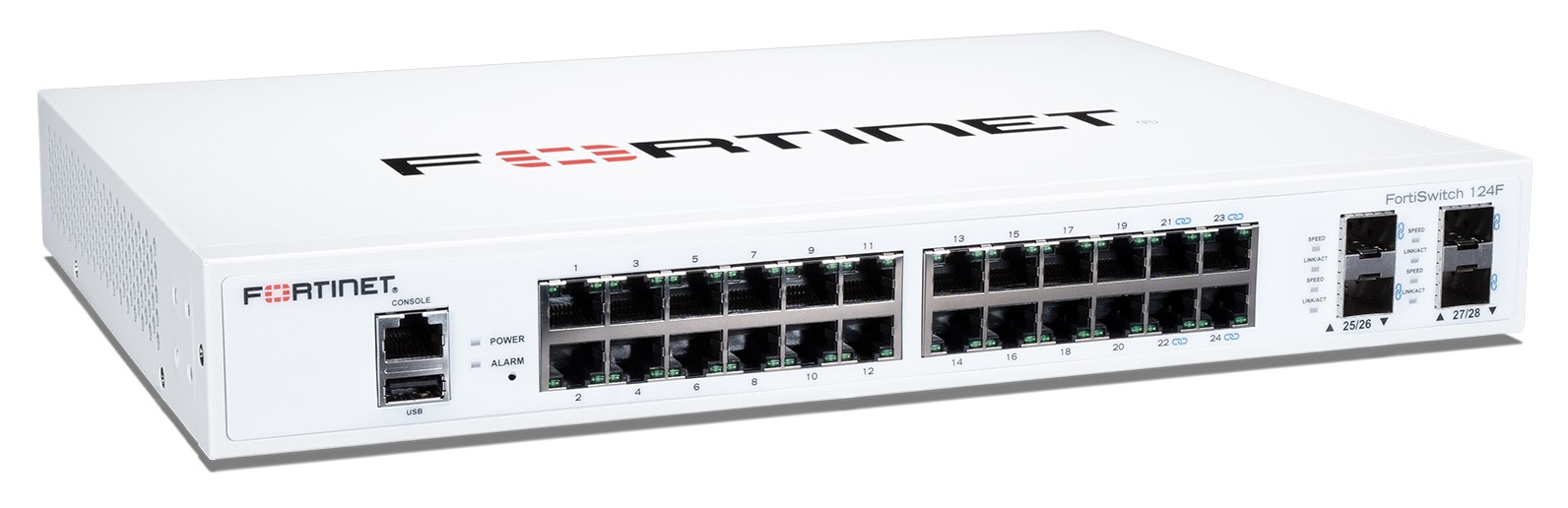 Layer 2 FortiGate switch controller compatible switch with 24 GE RJ45 + 4 10G SFP+ ports. Fanless