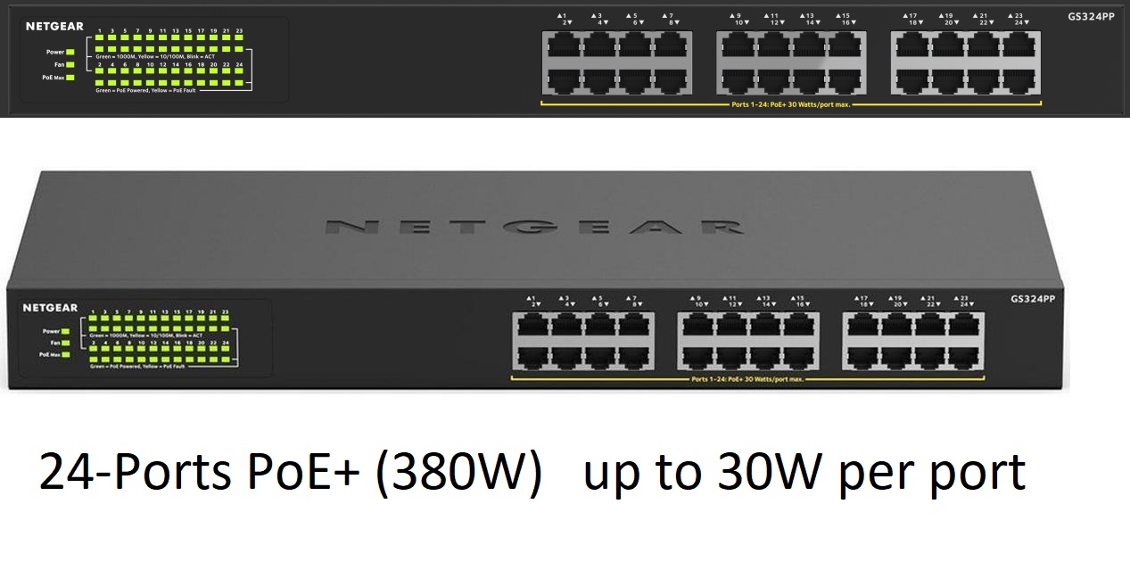 NETGEAR GS324PP, 24 Port Gigabit POE+ 380W, Unmanaged Switch