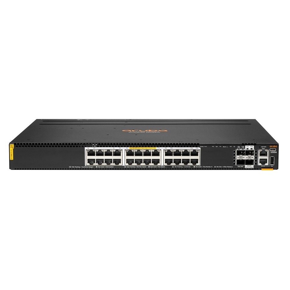 HPE Aruba Networking CX 6300M 24p Smart Rate 1G/2.5G/5G/10G Class6 PoE 2p 50G 2p 25G Switch