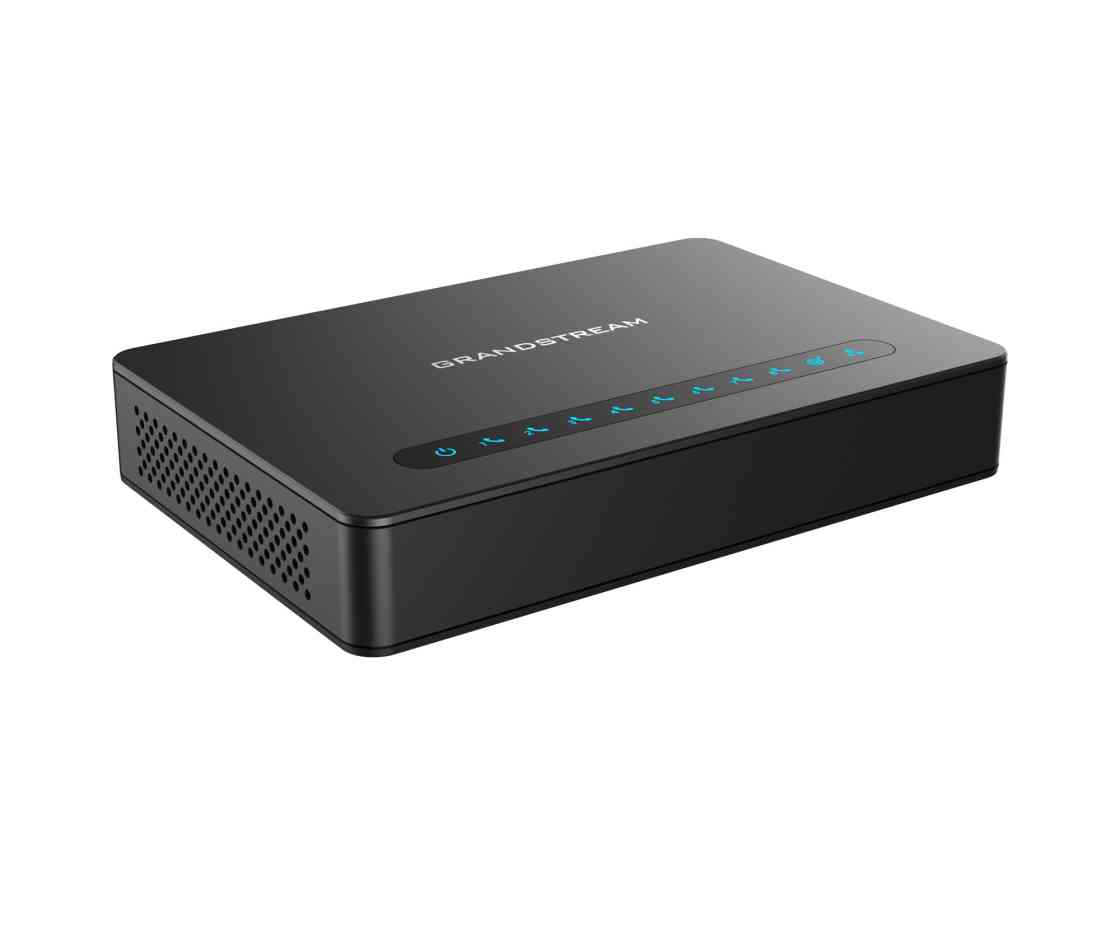 Grandstream 8-port VoIP gateway with 8 FXS ports and an integrated Gigabit NAT router