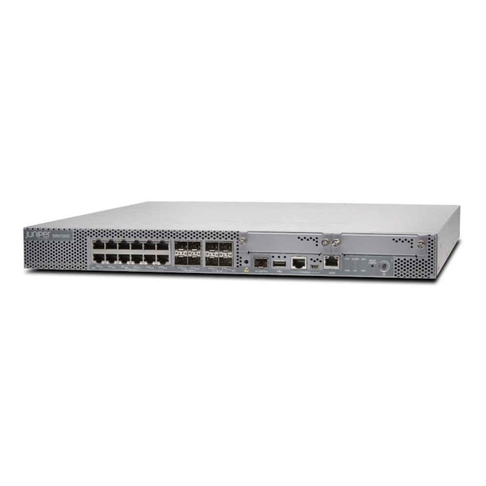 SRX1500 Services Gateway includes hardware (16GE, 4x10GE, 16G RAM, 16G Flash, 100G SSD, AC PSU, cable and RMK) 