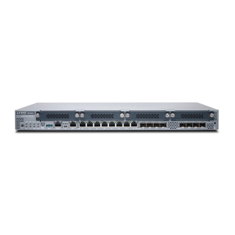 SRX345 Services Gateway includes hardware (16GE, 4x MPIM slots, 4G RAM, 8G Flash, power supply, cable and RMK) and Junos Software Base 