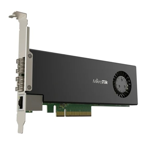 Mikrotik, Cloud Core Router 2004-1G-2XS-PCIe network interface card with quad-core ARMv8 64-bit AL32400 CPU, 4GB RAM, 2x25G SFP28 cages, 