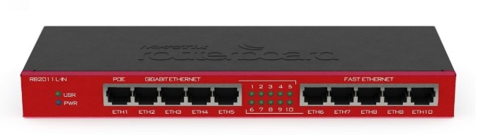 Desktop metal case, 5xEthernet, 5xGigabit Ethernet, PoE out on port 10, 600MHz CPU, 64MB RAM, RouterOS L4