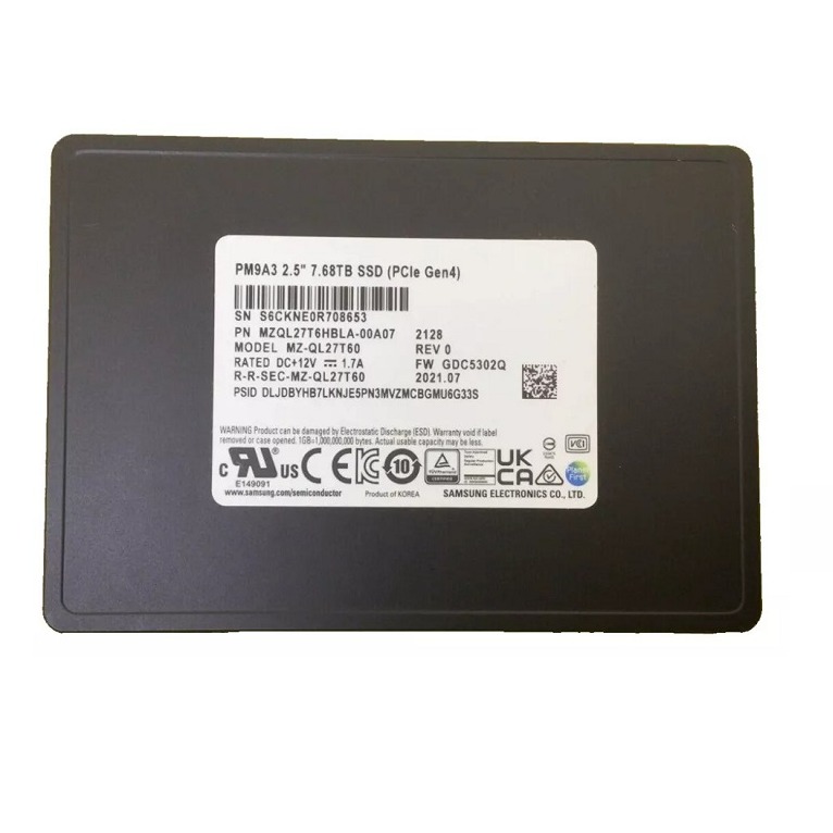 MZQL27T6HBLA-00A07 PM9A3 7.6TB NVMe PCIe4x4 U.2 7mm 1DWPD 5YR SED Opal SSD