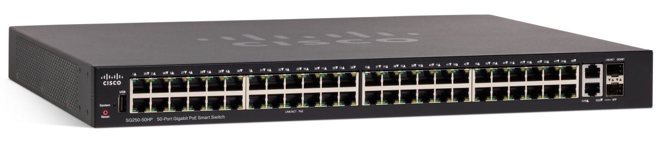 Cisco SG250-50HP 48 10/100/1000 PoE+ ports with 192W power budget 2 Gigabit copper/SFP combo ports