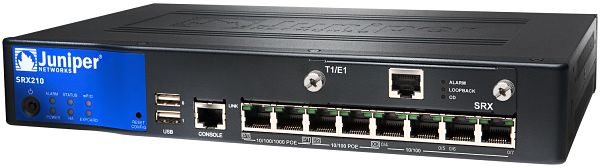 SRX services gateway 210 with 2xGE + 6xFE ports, 1xmini-PIM slot, 2GB DRAM, 2GB Flash and 4 ports of POE