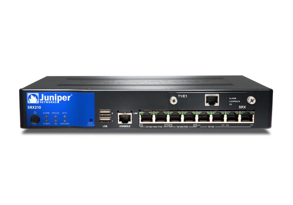 SRX services gateway 210 with 2xGE + 6xFE ports, 1xmini-PIM slot, 2GB DRAM and 2GB Flash