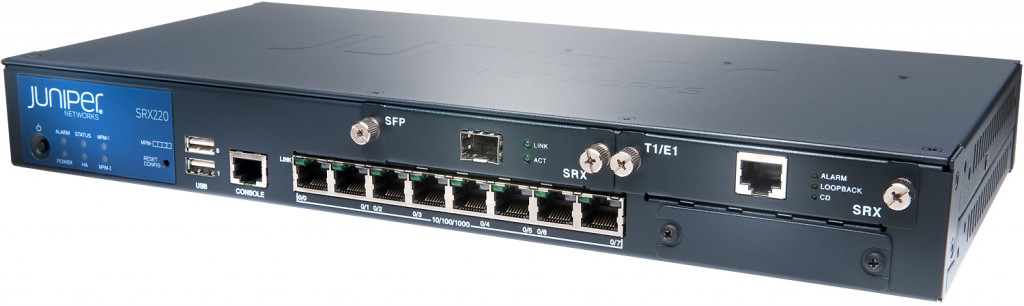 SRX services gateway 220 with 8 x GE ports, 2xmini-PIM slots, 2GB DRAM and 2GB CF