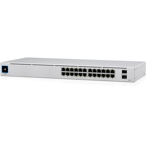 UniFi 24-Port managed PoE switch with (16) 802.3at PoE+ ports, (8) Gigabit Ethernet ports, and (2) SFP ports