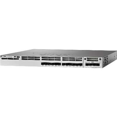 Cisco Catalyst 3850 12 SFP+ port stackable model, with C3850-NM-4-10G module and 350WAC power supply. 1 RU, IP Base feature set