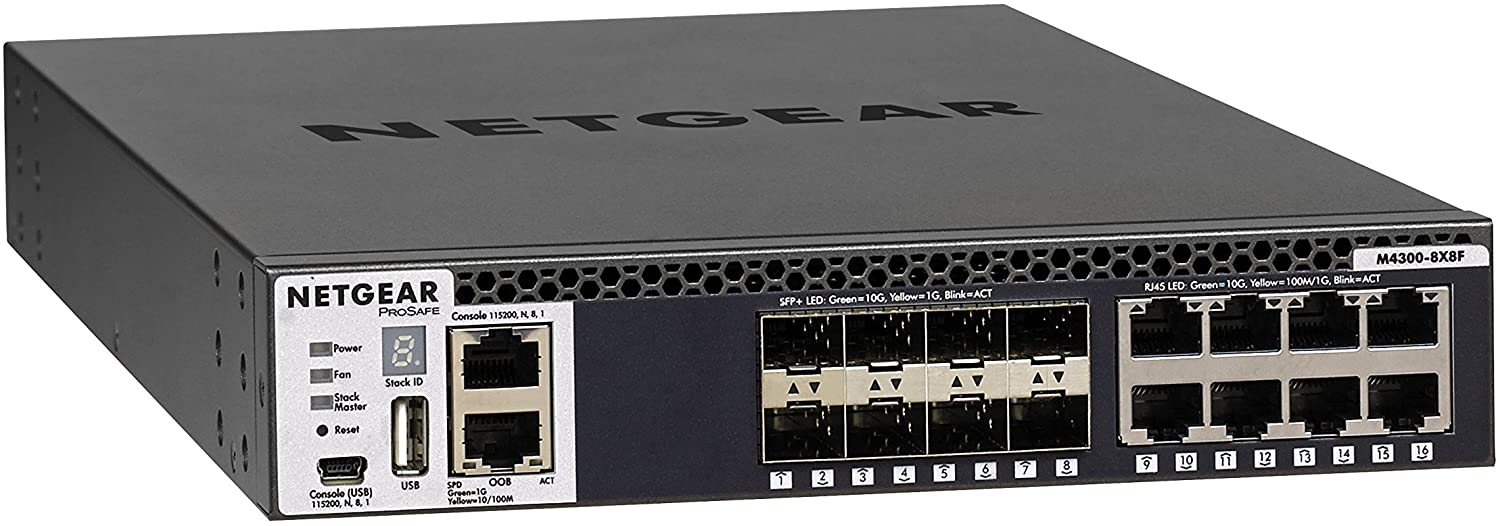 NETGEAR 16-Port Fully Managed Switch M4300-8X8F, 16x10G, 8x10GBASE-T, 8xSFP+, Half-Width Stackable, ProSAFE Lifetime Protection