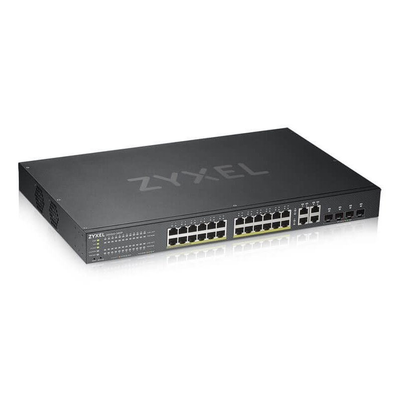 GS1920-24HPv2, 28 Port Smart Managed PoE Switch 24x Gigabit Copper PoE and 4x Gigabit dual pers., hybrid mode, 