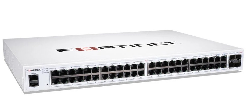 FortiSwitch-148F-FPOE is a performance/price competitive L2+ management switch with 48x GE port + 4x SFP+ port + 1x RJ45 console.