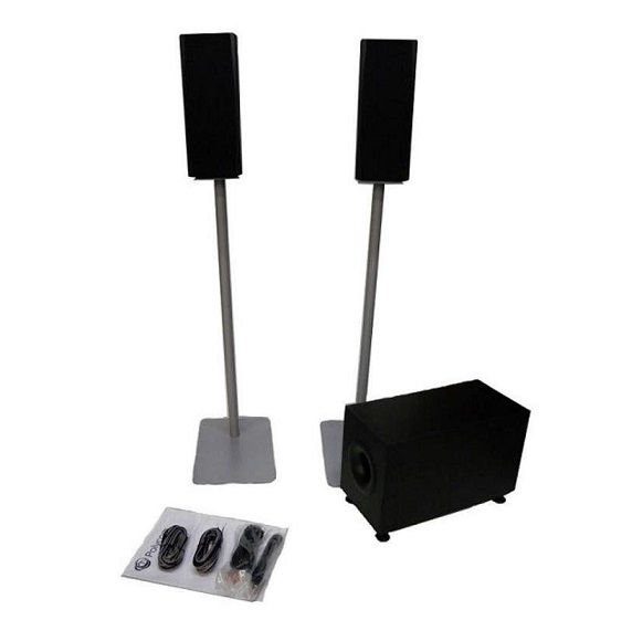 Stereo Speaker kit, 110-220v. Includes: 2 * 60w Satellite speakers, 1 * 150w subwoofer, fuses for both 120 or 240v power source, speaker stands, 3.5mm to 2xRCA, 3.5mm to 3.5mm and 